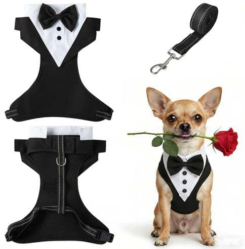 Hundegeschirr- und Leinen-Set im Smoking-Stil, sicheres Anlegen, kein Ziehen, gepolstert, verstellbar, für kleine und mittelgroße Hunde, Welpen, Katzen und Französische Bulldoggen, Schwarz S