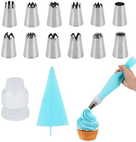 12pcs Large Icing Piping Tips Set with Adapter & Pastry Bag, Stainless Steel Big Frosting Piping Nozzles with Multiple Shape Cake Decorating Kit Tools for Cupcakes Cookies Dough & Baking Supplies