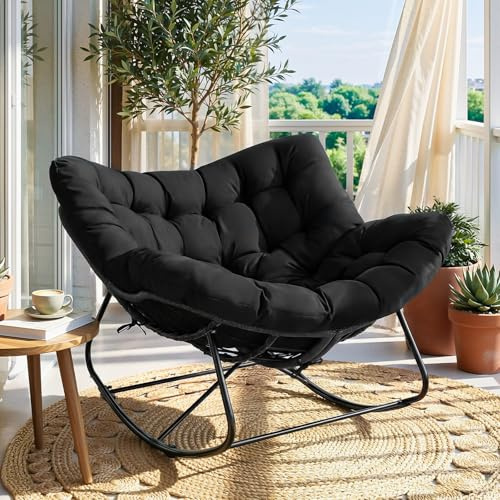 LIFERUN Rattan Rocking Chair 110x102x72cm, Oversized Wicker Outdoor Egg Chair with Waterproof Removable Cushion & Straps, Metal Frame, 150kg Large Support, Lounger Chair for Garden/Balcony/Indoor