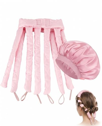 KRVNTH Set 1 Bigodino a Polpo Senza Calore & 1 Cuffia Morbida per Dormire Rosa – Onde e Ricci Perfetti Overnight Senza Danni ai Capelli