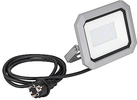as - Schwabe 46425 Foco LED Slimline CHIP 20W, muy estrecho, con cable de 2m y enchufe Schuko, W, 230 V, plata, 20 W