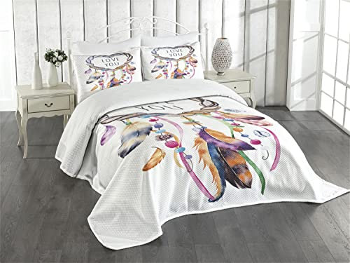 ABAKUHAUS Feder Tagesdecke Set, Traumfänger Boho Stil, Set mit Kissenbezügen Waschbar, für Doppelbetten 220 x 220 cm, Lila Weiß
