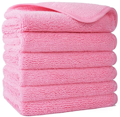 POLYTE Premium Lint Free Microfibre Washcloth Face Towel, 33 x 33 cm, Set of 6 (Pink)