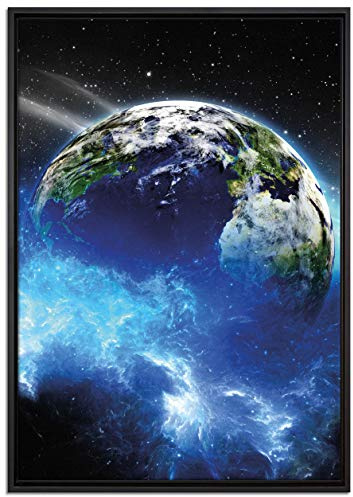 Pixxprint Erde im Kosmos Nebel schwarz, weiß Leinwandbild 100x70 cm im Bilderahmen, Wandbild, Schattenfugenrahmen, Kein Poster