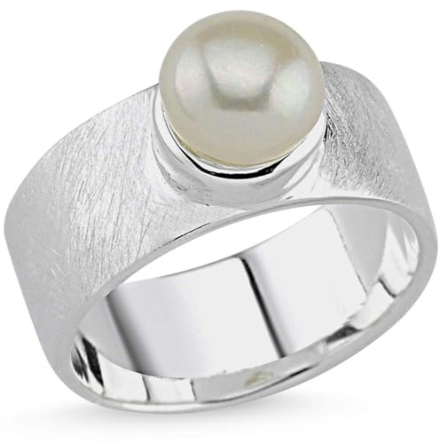Vinani Damen Design Ring 925 Sterling Silber – Breites gebürstetes Band mit Süßwasserperle, modernes elegantes Schmuckstück für Frauen, handgefertigt, Größe 60, 2RPA60