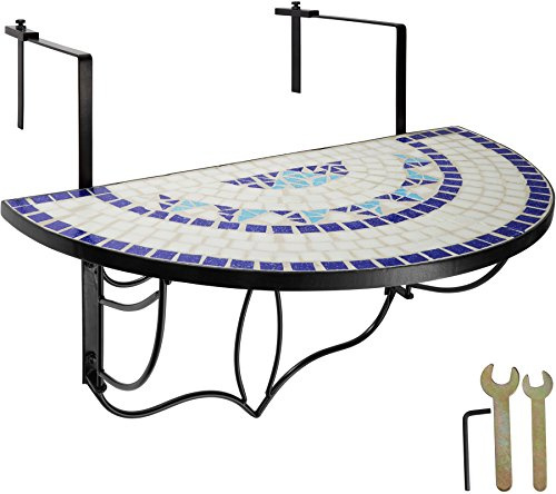 tectake® Balcony Table Hangable, Folding Table with Stone Mosaic Semicircular Design, Sturdy Metal Hooks, Space-saving Patio Table for Balcony and Railing, Easy Assembly- White/Blue
