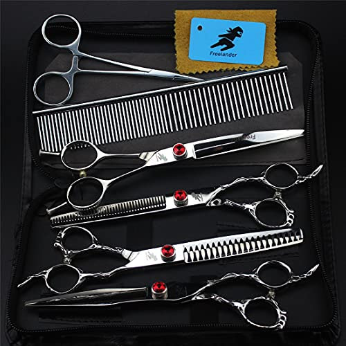XJST Professionelles PET-Trimmer-Kit, Professionelle Hundepflegeschere-Set, Gerade Schneidschere, Dünnende Scheren, Gekrümmte Schere, Kamm