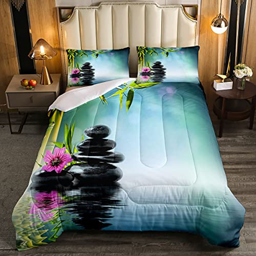 Loussiesd Spa Soft Duvet Kids Bamboo Stalks Candle Basalt Stones Therapy Relaxing Bedding Set Zen Garden Meditation Room 3Pcs King Size