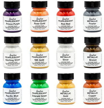 Angelus Leather Acrylic Paint Kit zum Anpassen von Turnschuhen, Schuhen, Hüten, Jacken, Taschen - Metallic & Perlglanz 12er Set
