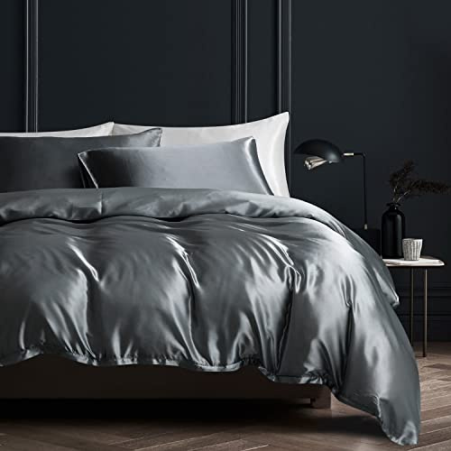 Boqingzhu Satin Bettwäsche 155×220cm Grau Dunkelgrau Anthrazit Uni Einfarbig Glatt Glänzend Luxus Seide Bettwäsche Set Bettbezug mit Reißverschluss und 2 Kissenbezüge 80x80cm