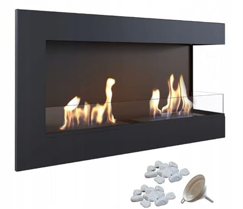 KRATKI Delta 900 Caminetto ad angolo sinistro a bioetanolo ciottoli imbuto + set per aromaterapia Per montaggio a parete o ad incasso l Biocontenitore 0,5 l, TÜV Acciaio, 48 x 90 cm, nero