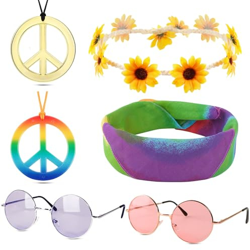 BETESSIN 6 x Hippie-Partyzubehör: Stirnbänder, Halskette, Friedenszeichen, Brille im Retro-Stil der 60er Jahre, für Party, Karneval, Geburtstag, Halloween