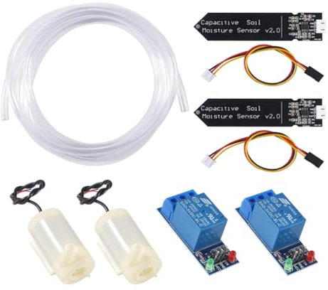 AEDIKO 2 Sets Automatische Bewässerung DIY Kit mit kapazitivem Bodenfeuchtigkeitssensor 1 Kanal 5 V Relaismodul und Wasserpumpe + 2 m Vinylschlauch für Gartenpflanze Blumenkräuter Topf