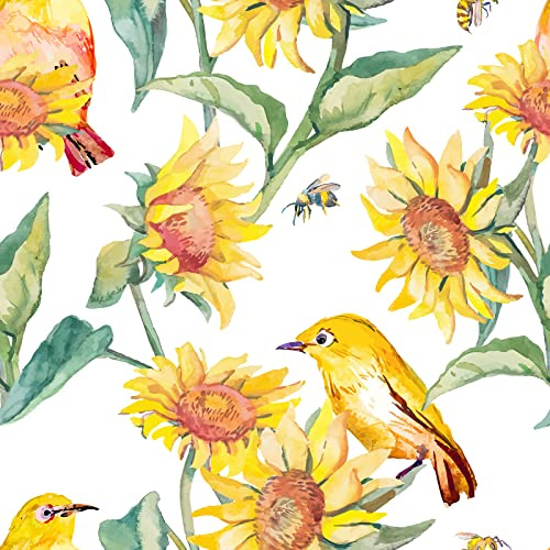 VaryStyle 17.7x393 Bright Sunflower Peel and Stick Wallpaper Birds Yellow Floral Wallpaper Watercolor Flower Wall Murals Removable Waterproof Floral Contact Paper for Cabinets Farmhouse Walls Decor