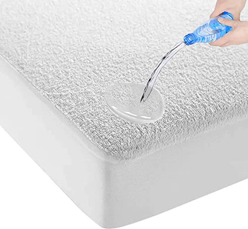 Protector de colchón impermeable de 180 x 210 cm, sábana bajera ajustable de muletón, de rizo, antibacteriano, elástico, color blanco, 180 cm x 210 cm
