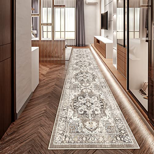 YOUFORTONG 2x12 Runner Rus for Hallways Soft Kitchen Rug Non Slip Rug Runner with Rubber Backing Washable Non Shedding Farmhouse Runner Rug (Beige/Brown/Grey, 2X12)