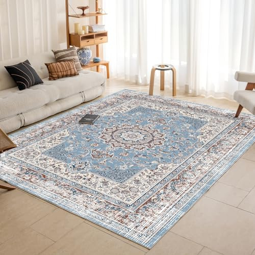 OMERAI Teppich Groß 160X230CM Wohnzimmer Schlafzimmer Kurzflor Boho Rutschfest Waschbarer Blau
