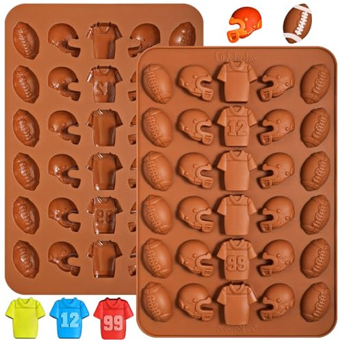 webake Football Chocolate Mold, 30-Cavity Football Silicone Mold Shaped with Football, Helmet, and Jersey, Football Mold for Chocolate, Candy, Cupcake Decorations, Pack of 2