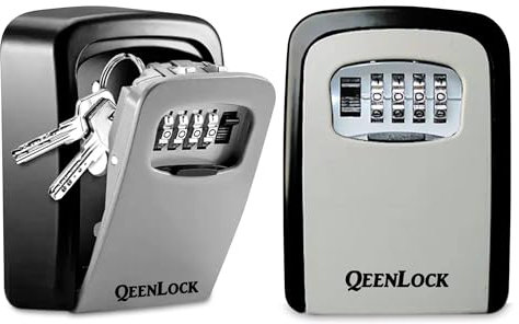 QEENLOCK Boite à Clef sécurisée Extérieure, Boite a Clef Murale avec Code à 4 ChiffresCofre Fort a Cle Robuste, pour Les Clés, Les Cartes, Alliage de Metal, Zinc, Gris