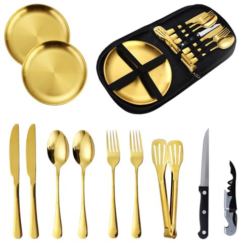Emsmil Ensemble de couverts camping 12 pièces vaisselle portable acier inoxydable Sac clip Cuillère Fourchette Couteau Assiette extérieur pique-nique voyage