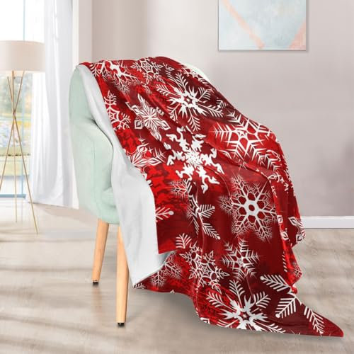 Überwurfdecke, weiße Schneeflocken auf rotem Kunstfell, warm, weich, Fleece, Bettdecken, groß, flauschig, Herbstdecke, 127 x 152,4 cm, für Sofa, Couch, Büro, Reisen, Camping