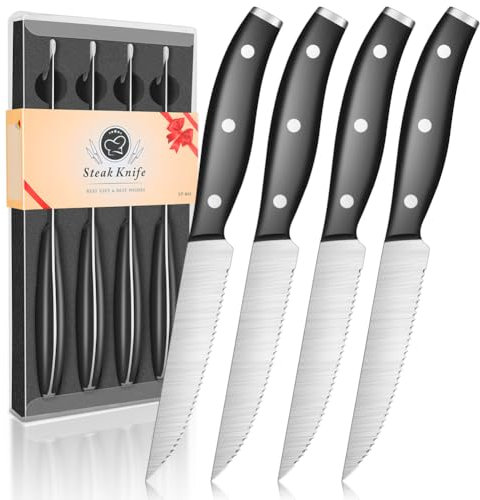 kyushublade Steak Knives, Steak Knife Made of Premium Stainless Steel, Full Tang Serrated Kitchen Knife with Comfort Ergonomic Black Handle, Non-Slip, Dinner Table Cutlery Set Knives (4)