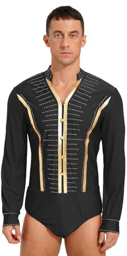 TTAO Herren Langärmliger Bodysuit Giltzer Tanz-Body mit Fliege Latein Obeteile Leotard Standard Hemdbody Bühnenauftritte Party Performance Tanzkostüm Schwarz A XXL
