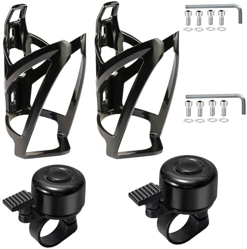 Mordely 2PCS Ultra-Light Adjustable Bike Bottle Cage with 2PCS Bike Bells | Universal Water Bottle Holder for Bicycles/Scooters/E-Bikes (4PCS)