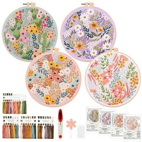 Stickset für Anfänger, Sticken Set Erwachsene, Embroidery Kit for Beginners | ASTNIC 4 Stück Sticken für Anfänger, Stickerei Starter kit mit Stickrahmen Stickgarn Nadel Stoffen DIY Geschenk für Frauen