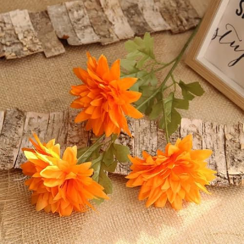 ABCWARRT 6pcs Künstliche Blumen 3 Köpfe Dahlien Seide Fake Blume Hochzeit Dekor Simulation Dahlie Chrysantheme Zweig Home Dekoration (orange)