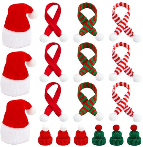 18 Stück Mini Weihnachtsmütze und Schal, Kleine Weihnachtsmützen, Nikolausmütze Klein mit Mini Schal, Weihnachtsmann Mütze für Tasse Besteck Flasche, Flaschen Deko Weihnachten für Tischdekoration