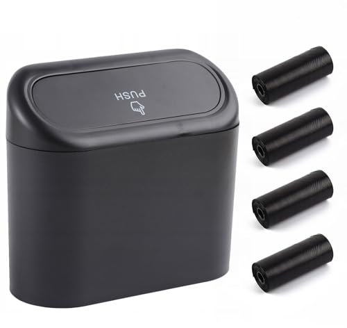 Mikiuly Petite Poubelle de Voiture,Petite Poubelle de Voiture avec Couvercle,Boîte de Rangement de Voitures Suspendue,Poubelles étanche pour Véhicule,avec 4 Rouleaux Sacs Poubelles