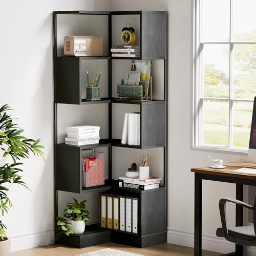 Tribesigns Corner Bookshelf Unit 180 cm, 6-Tier Floor Standing Bookcase, Tall Corner Shelf Storage Display Rack with Metal Frame for Living Room Home Office (Black)