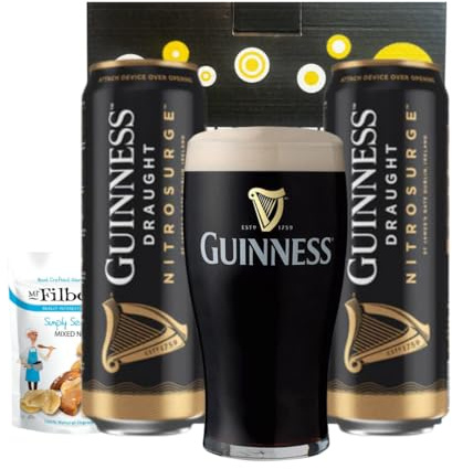 Guinness NitroSurge Draught Stout Beer Cans Gift Set with Official Guinness Pint Glass (2 Pack) – Smooth Pour Technology, 4.2% ABV – Premium Beer Gift for Him, Her, Birthdays & More