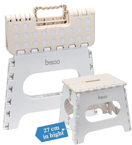 BISOO Sgabello Pieghevole - Sgabello Bambini per Bagno e Cucina - Sgabello Portatile in Plastica - Sgabelli Pieghevoli con Colori Carini e Resistenti Fino a 150kg - Altezza 27 cm Panna