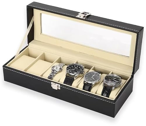 DXHGHYGL Scatola Orologi,Scatola Porta Orologi a 6 Scomparti,Porta per Orologi in PU con Coperchio in Vetro con Coperchio in Vetro Regalo Uomo - Nero