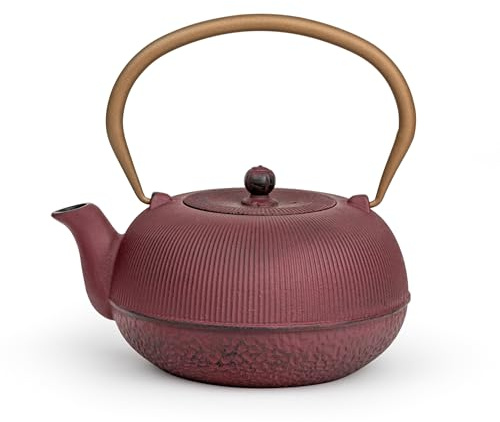 Petite théière en fonte pour induction 1 l – Théière asiatique violette avec anse et filtre à thé en acier inoxydable – Idéale pour les thés en vrac