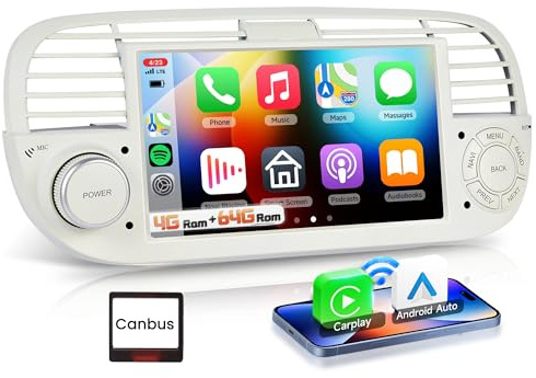 Autoradio Senza fili Carplay per Fiat 500 (2007-2015), Podofo 4G+64G Android Auto Radio 7 pollici Touch Screen Bluetooth Lettore auto con Navi/WIFI/Canbus/FM/RDS Controllo del volante