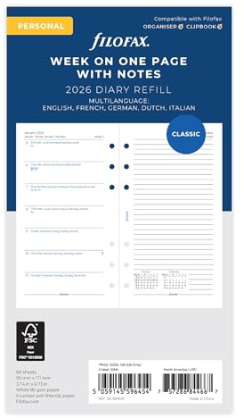 Filofax Kalender Personal 1 Woche auf einer Seite mit Notizen (mehrsprachig)2026