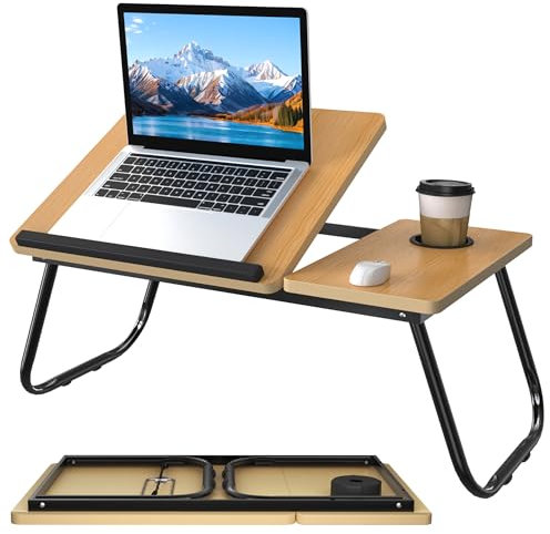 Suusolny Laptoptisch Verstellbarer Laptop-Tisch Betttablett Klappbar mit Cup Slot Lapdesk für Sofa Arbeit Studium Lesen Beistelltisch Notebooktisch mit Leseklappe Tragbarer Lapschreibtisch - Walnuss