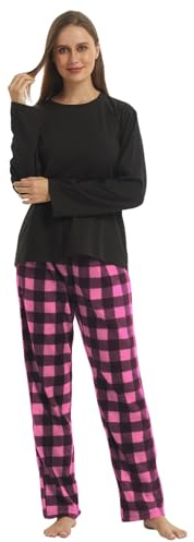 LNFINTDO Pigiama da donna in pile con top a maniche lunghe e pantaloni pigiama a quadri morbidi indumenti da notte per il tempo libero caldo set 2 pezzi, M