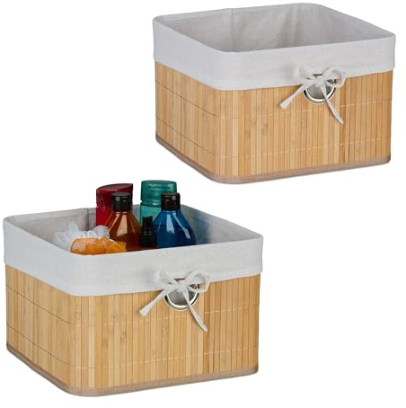Relaxdays Set 2 Cestas de Almacenaje, Bambú, Forro de Tela, 20 x 31 x 31 cm, Cestitas con Agujero para Asa, Natural, 10% Acero 20% poliéster 70%, 2 Unidades