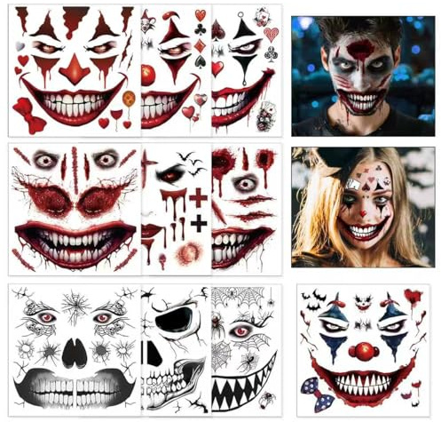 Halloween Tattoo Gesicht, 10 Blätter Halloween Horror Clown Tattoos, Mund, Skelett, Zombie, Narben, Gruselige Wunden Temporäre Tattoos, für Herren Damen Karneval Horror Clown Kostüm