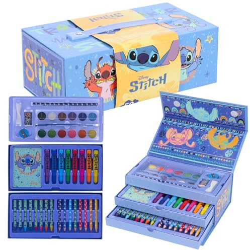 Stitch Malkoffer für Kinder – 52-teiliges blaues Malset mit Farbkasten, Buntstiften, Filzstiften & Wachsmalkreiden – 3-stöckiger Zeichenkoffer – Kreativset & Geschenk für Jungen & Mädchen ab 3 Jahren
