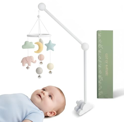 Mobile Halterung Holz für Babybett, Mobile Ständer Weiß Wolken Design, 360°Drehbar Baby Mobile Aufhänger, Abnehmbarer, für Aufhängung Spieluhr Bettglocke Windspiel Baby Bett Spielzeuge