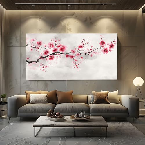 Grande Stampa su Tela Fiore di Ciliegio Giapponese Quadri Moderni Grandi Dimensioni Ramo Dipinto a Inchiostro Quadro per Soggiorno Senza Cornice Fioritura Primaverile Decorazione Murale 60x120 cm