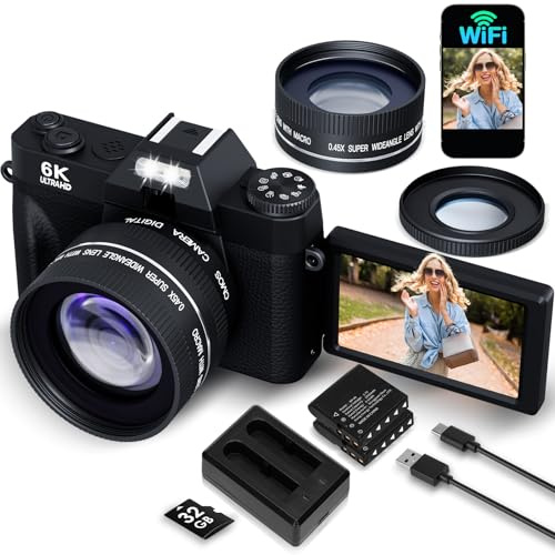 Cámara digital 6K 64MP para fotografía, cámara de vlogging para YouTube, pantalla abatible de 180°, enfoque automático de zoom 16X, cámara compacta de belleza de viaje para adolescentes, 2 baterías