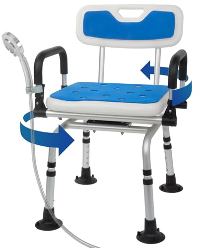 Swivel Shower Chair for Inside Shower with Pivoting Arms, 350lbs/160kg Heavy Duty Rotating Bath Chair for Seniors Elderly and Disabled, Adjustable Height Shower Seat with Back and Suction Cup Feet