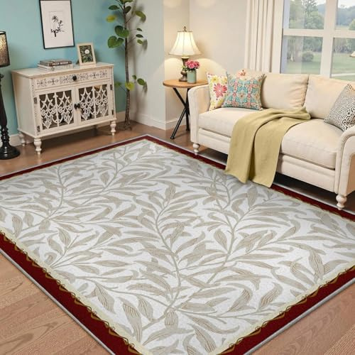 Waschbarer Teppich Große weiche Vorleger fürs Wohnzimmer fleckenresistente rutschfeste Rückseite ElfenbeinblattBodenmatte 120x150 für Schlafzimmer Vintage beige botanische Weidenmuster Matte