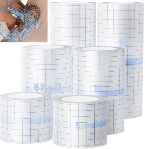 Unihuby 6 rotoli di copertura per tatuaggi di seconda pelle, 15/10/5 cm ciascuno 2 rotoli da 2 m, bendaggio per la cura del tatuaggio, impermeabile, per il nuoto